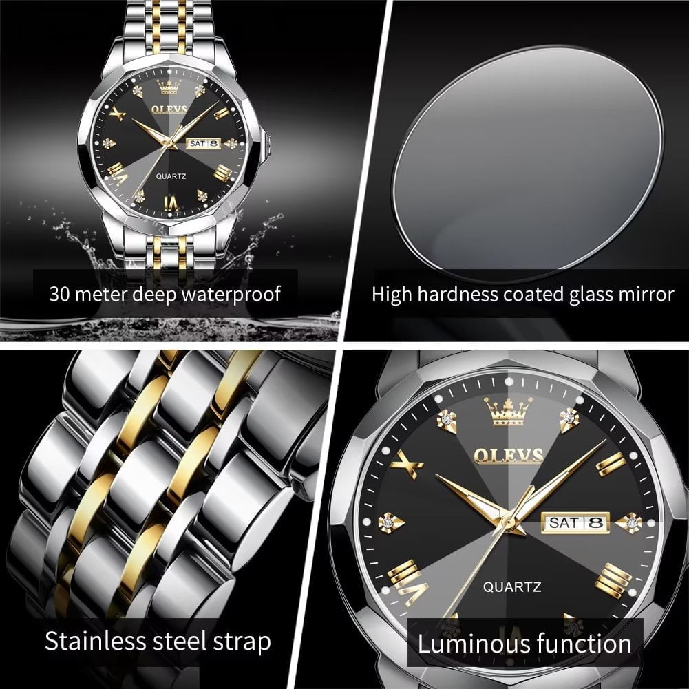 OLEVS Classic Gold Sliver Stainless Steel Watches For Men Big Black Dial Mens Watches Fashion Analog Quartz Watches Men Day Date Watches Men