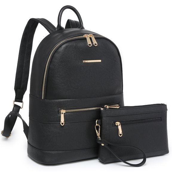 Vansarto Women Fashion Zipper Medium Backpack Purse Faux Leather Backpack with Matching wristlet Ladies Travel Shoulder Bag Set 2Pcs
