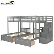 Bellemave Triple Bunk Bed with Stairs for 3, Wood Full over Twin & Twin 3 Bunk Bed with 6 Storage Drawers, Triple Bunk Bed for Teens Adults (Gray)