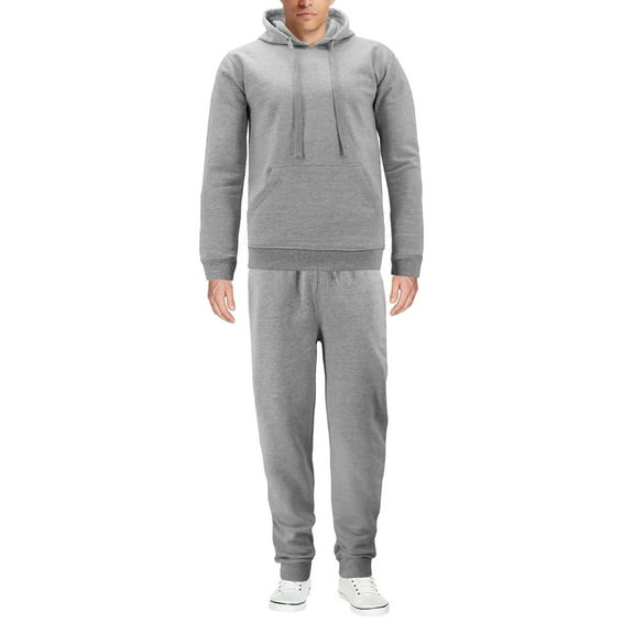 Men's Pull Over Fleece Gym Athletic Jogging Sports Sweat Suit 2 Piece Set (Grey Mel, S)