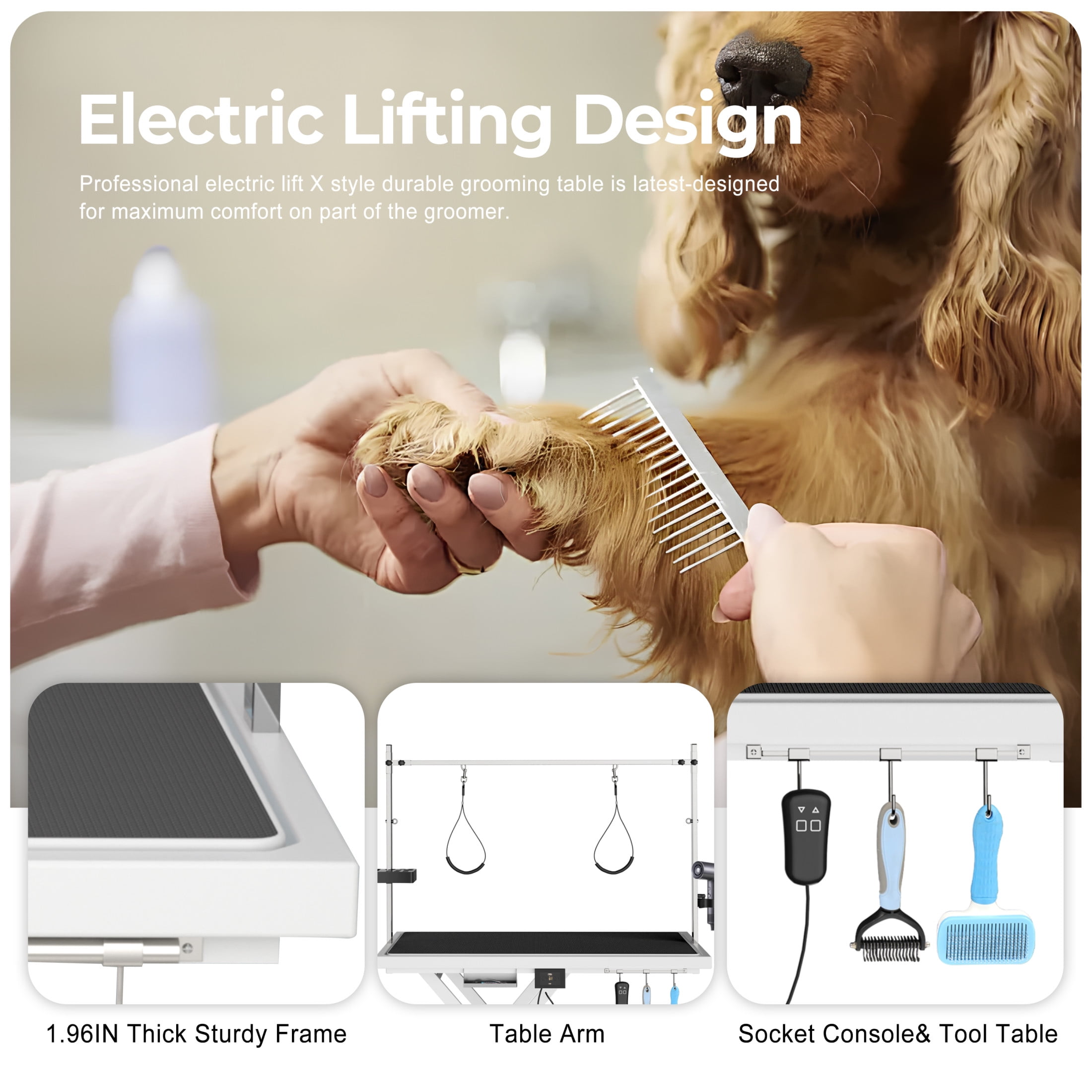 Noble House Professional Electric Pet Grooming Table, Height Adjustable, Heavy Duty Lift Table with Double Arms, White