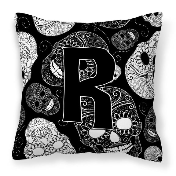Letter R Day of the Dead Skulls Black Fabric Decorative Pillow