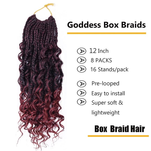 WEIF-12 Inch Crochet Box Braids Curly Ends 8 Pack Goddess Box Braids Crochet Hair,Boho Box Braids Crochet Hair Pre Looped,Bohomian Box Braids Synthetic Braiding Hair Extensions for Black Women T11