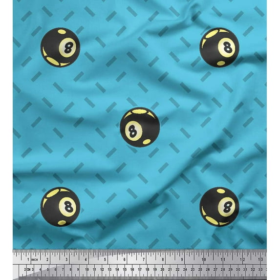 Soimoi Blue Rayon Crepe Fabric Brush Stroke & Bowling Ball Sports Decor Fabric Printed Yard 46 Inch Wide