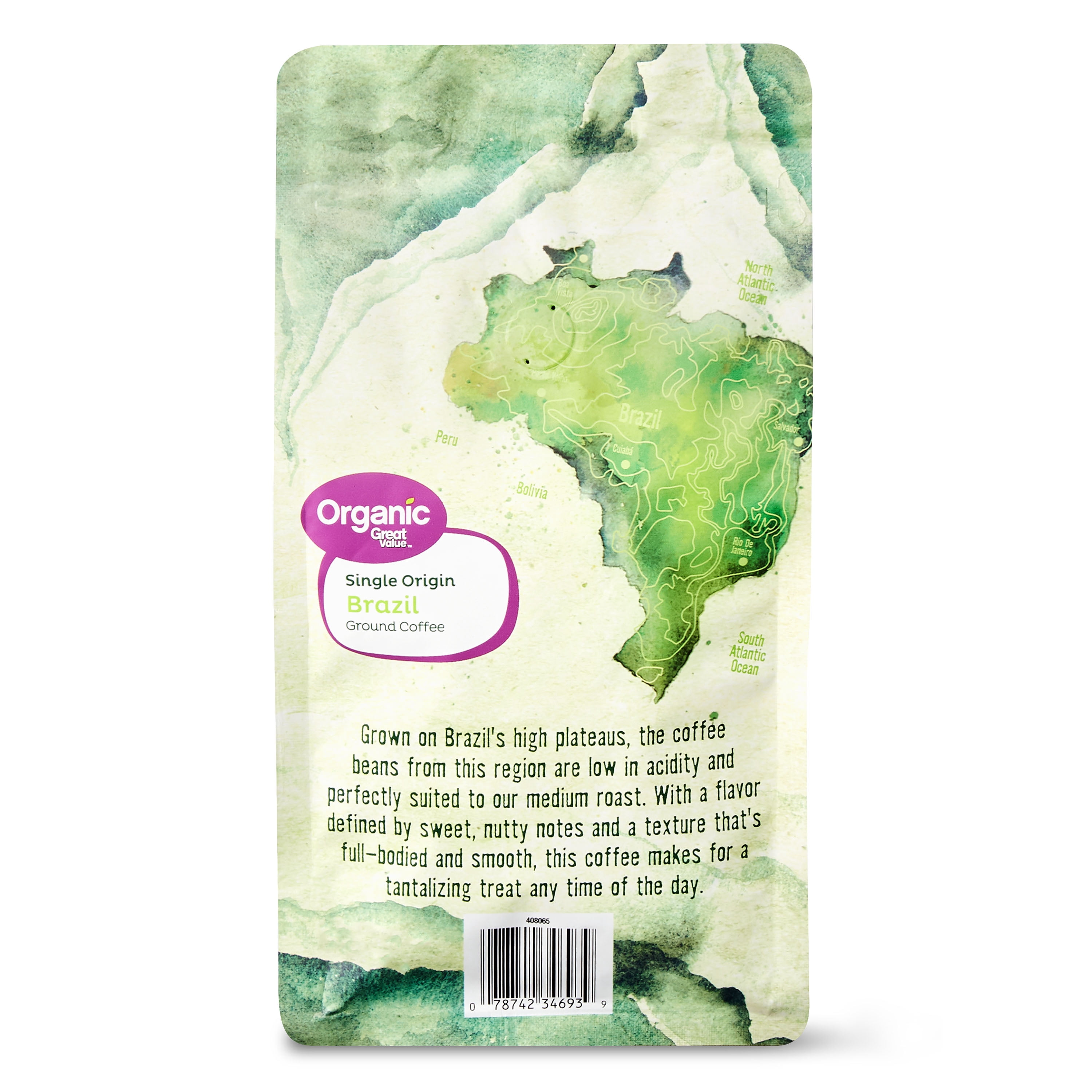 Great Value Organic Single Origin Brazil Ground Coffee, 12 oz