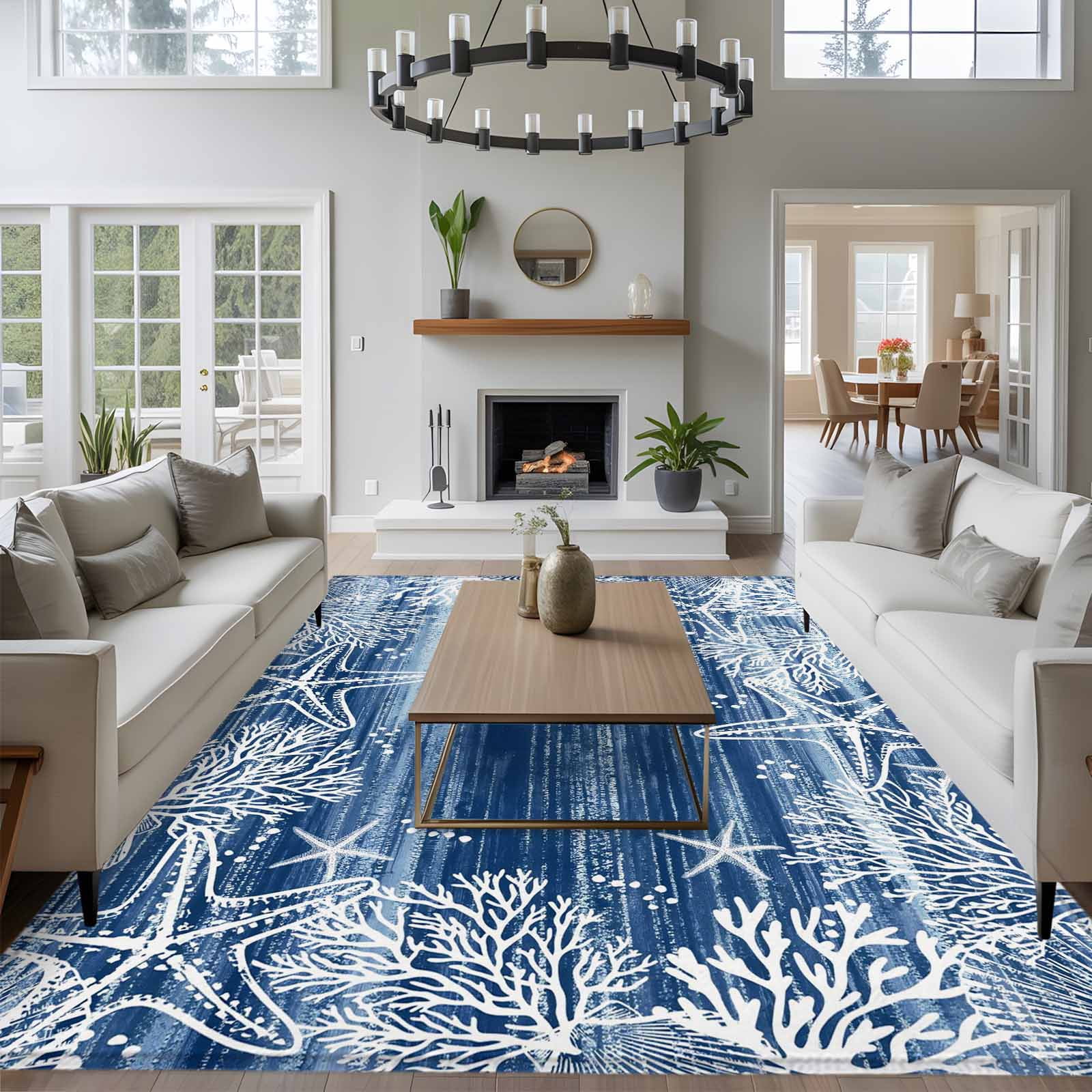 Blue Coastal Area Rugs 5'x8', Washable Small Throw Rugs for Classroom Bedroom, Summer Ocean Sea Waves Starfish Corals Indoor Outdoor Rug Non-Slip Low Pile Carpet Runner Reversible Floor Mats