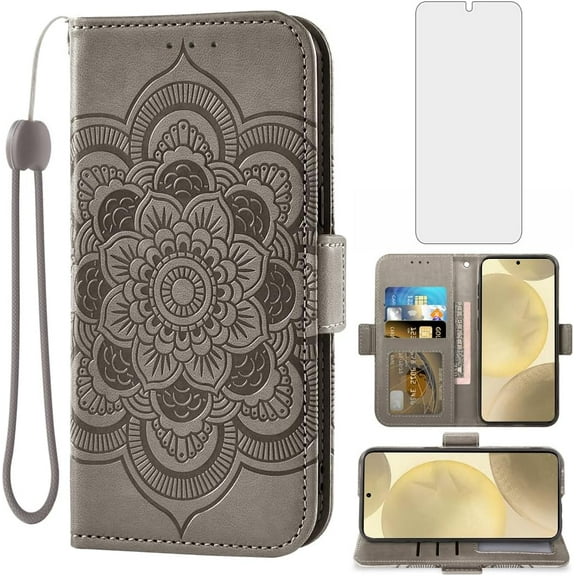 Phone Case for Samsung Galaxy S24 5G Wallet Cover with Tempered Glass Screen Protector and Leather Flip Credit Card Holder Stand Wrist Strap Cell Accessories S 24 24S GS24 G5 Women Men Gray