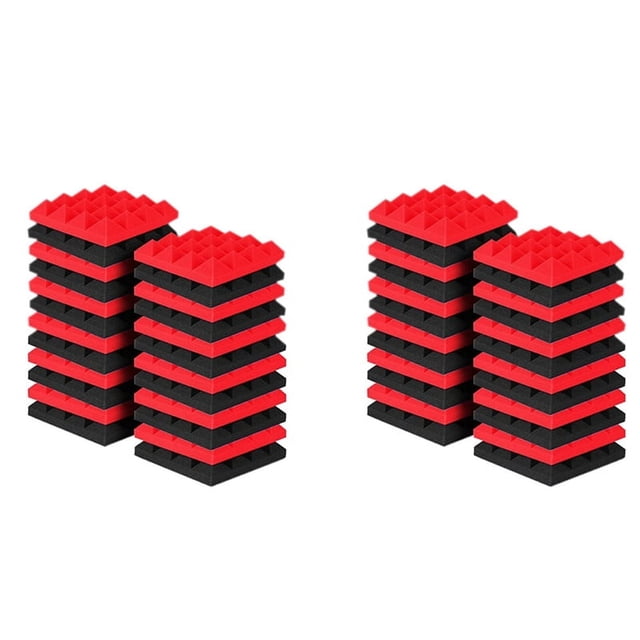 48 Piezas 25X25X5Cm Estudio AcúStico Espuma Insonorizada PiráMide Aislamiento de Ruido Paneles de Tratamiento de AbsorcióN de Sonido Negro + Rojo