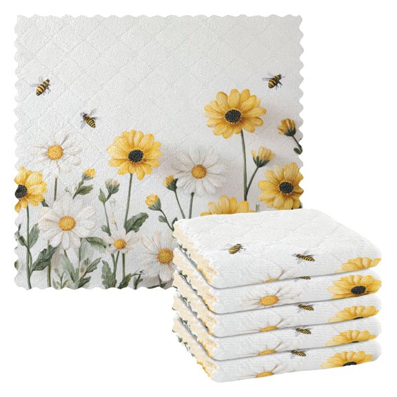 6PCS Dish Towels and Dish Cloths Reuseable Dishcloths Sets for Washing Dishes, Cooking, Baking Size 11" x 11" Bees Flying with Daisies