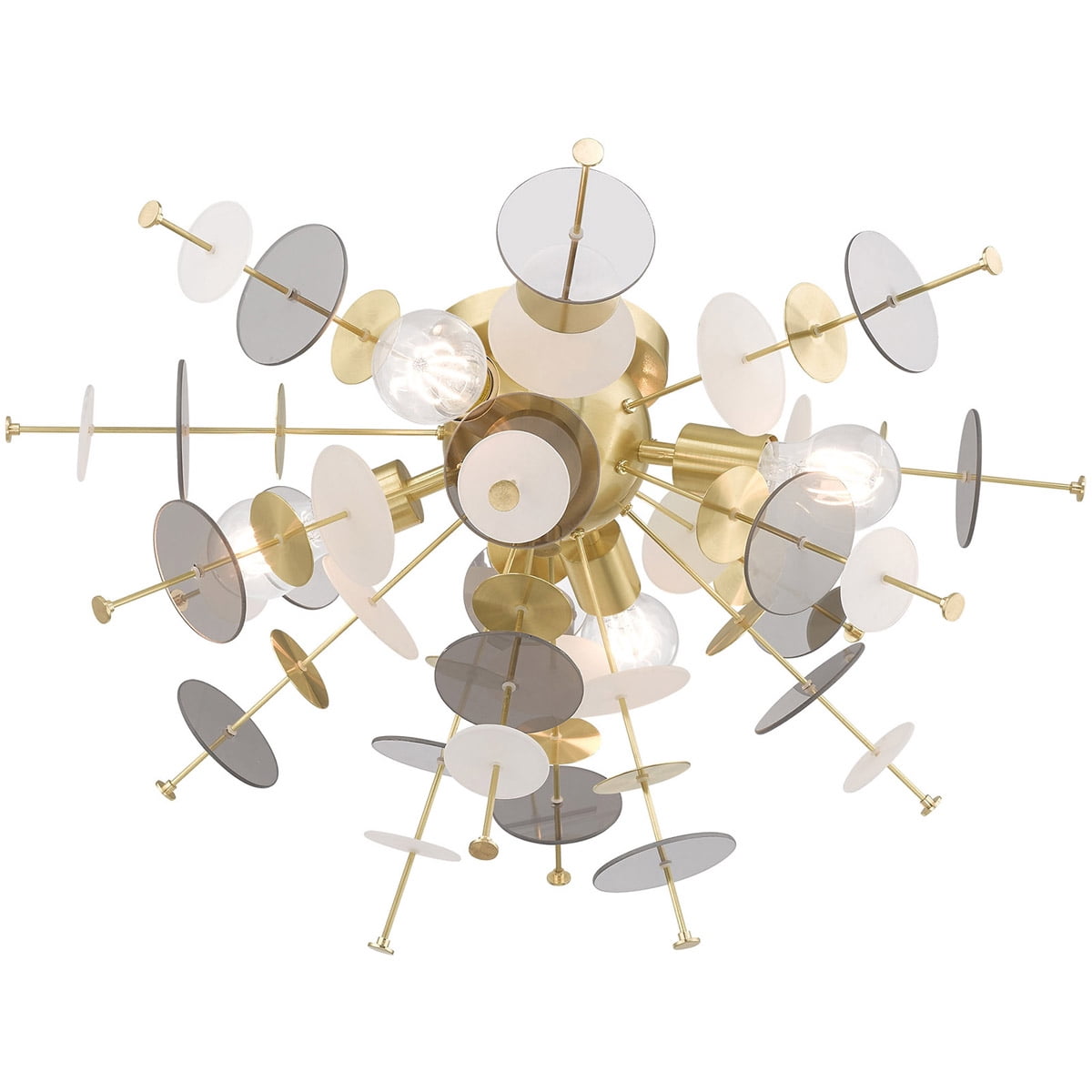 4 Light Satin Brass Ceiling Light fixture with Satin Brass Discs & Glass Discs Shade