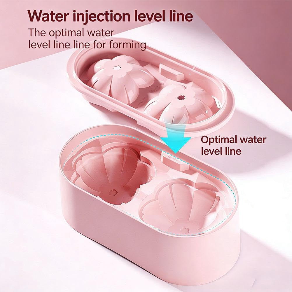 Cherry Blossoms Ice Cube Trays with Covers, 2 Cavity Non-Stick Reusable Ice Maker Mould Quick Release Large Ice Form for Chilled Cocktails and Juice 2PCS Pink