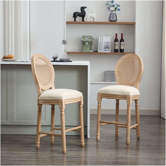 JERFIT French Country Bar Stools Set of 2, Upholstered Fabric Counter Stools with Rattan Back, Beige Kitchen Island Seating