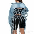 thumbnail image 6 of Cropped Denim Jacket for Women Long Sleeve Back Hollow out Knotted Fringe Short Jean Jackets Fashion Coats Blue XXL, 6 of 6