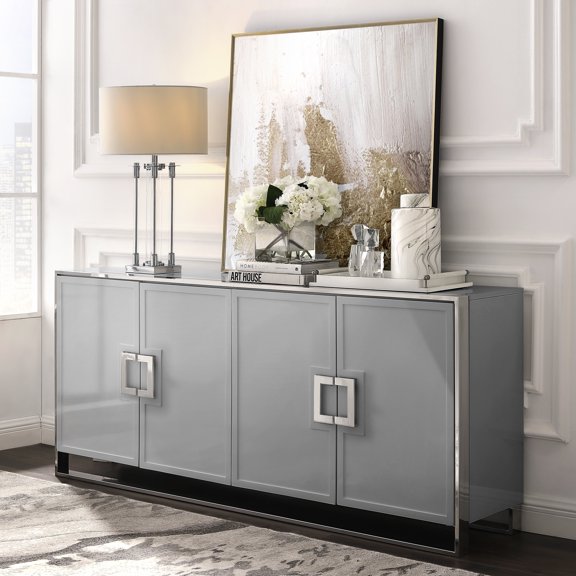Ailani Light Grey Sideboard/Buffet - 4 Doors, Polished Chrome Handle and Leg Tip, 2 Adjustable Shelves