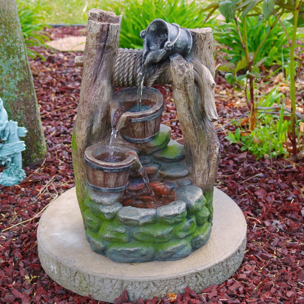 Sunnydaze Outdoor Wishing Well with Cascading Buckets Water Fountain with LED Lights, 19 inch