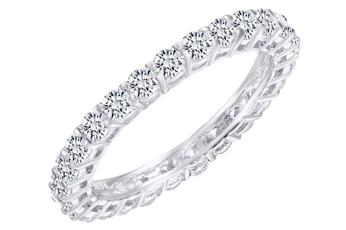 Round Wedding Engagement Eternity CZ Stones Studded 14K White Gold Silver Ring 
