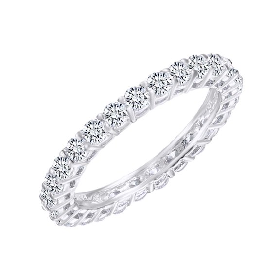 AFFY Round Shape White Cubic Zirconia Full Eternity Wedding Band Ring In 14k White Gold Over Sterling Silver Ring Size-4