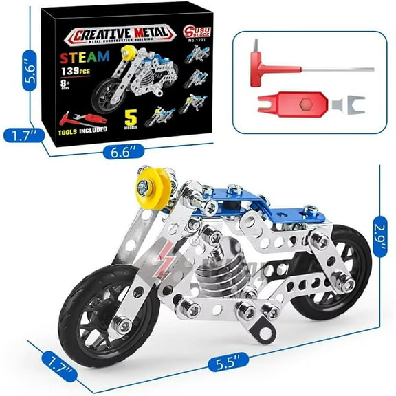 Erector Set Motorcycle, Stem Building Toys For Kids, Metal Building Construction Model Kit, 5 Variable Multi Shape Motorbike