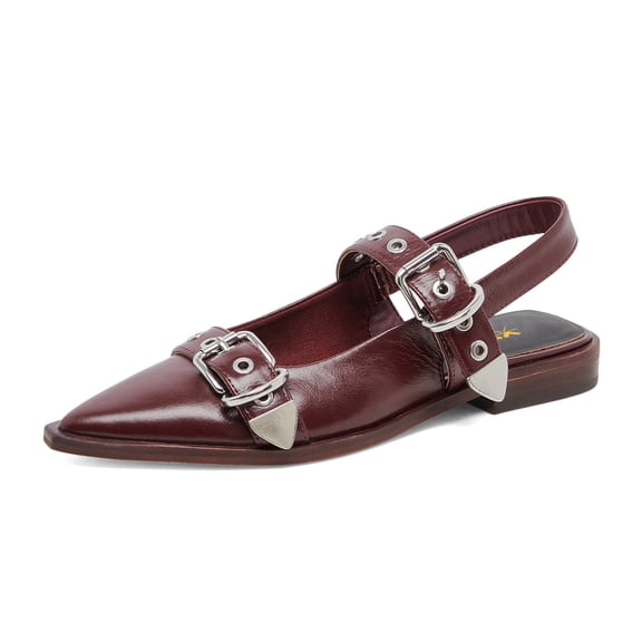 XYD Women Fashion Dual Buckles Pointed Toe Slingback Shoes Grommets Cork Heel Flat Sandals for Trip Casual Size 6 Wine Red