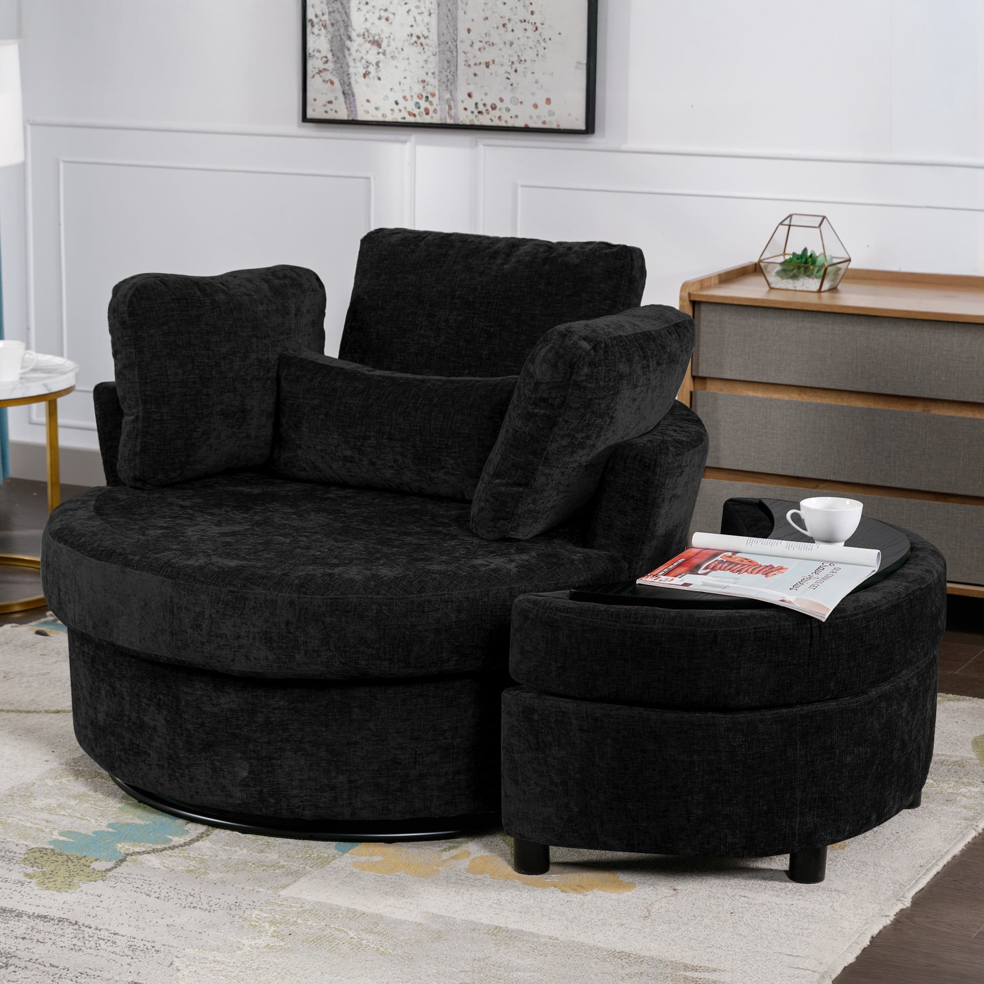 Lunale Oversized Swivel Accent Barrel Chair with Storage Ottoman, Black Chenille