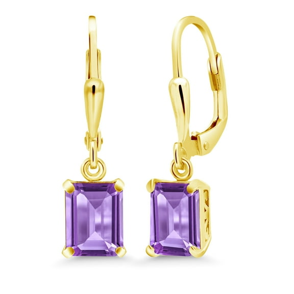 Gem Stone King 18K Yellow Gold Plated Silver Purple Amethyst Dangle Earrings for Women (3.00 Cttw, Gemstone February Birthstone, Emerald Cut 8X6MM)