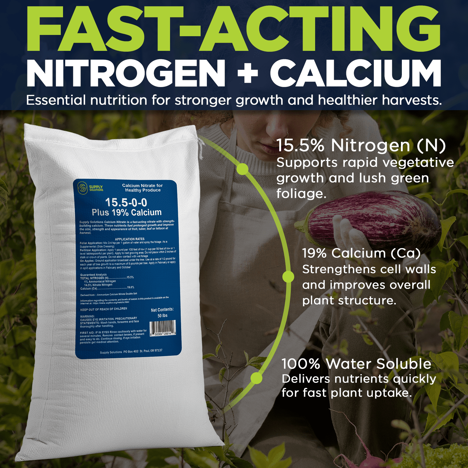 Supply Solutions Calcium Nitrate 15.5-0-0 + 19% Ca | Fast-Acting Water Soluble Fertilizer Prevents Blossom End Rot - Boosts Growth & Yield for Vegetables, Fruit, Gardens & Hydroponics (50 Pounds)