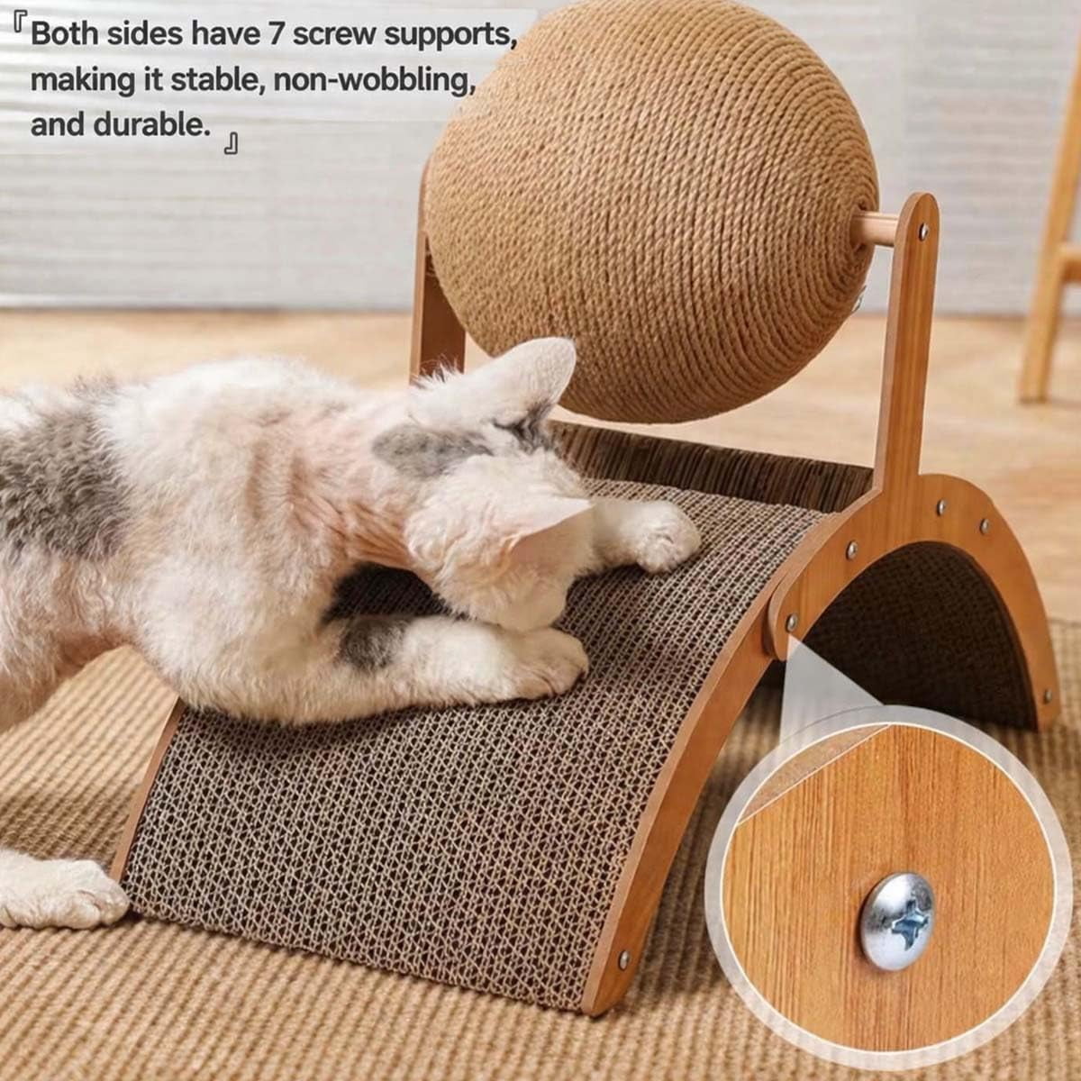 Cat Scratching Ball on Stand, Solid Wood Slanted Cat Scratching Board Design, 2-in-1 Interactive Cat Scratcher Toy with Arch Bridge and 360° Rotating Natural Sisal Ball for Indoor Cat Kittens