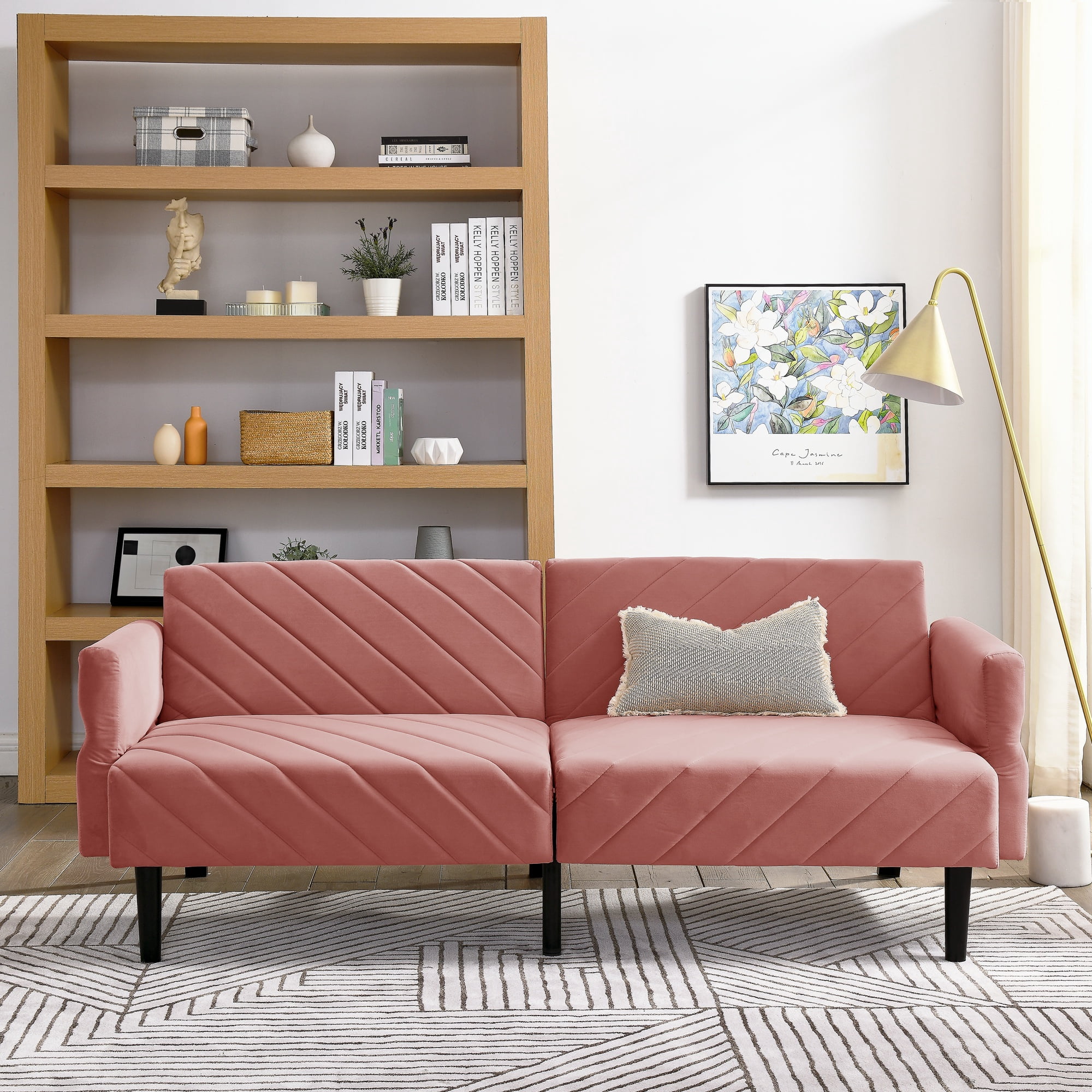 PORKISS 87" Sofa Couch for Living Room, Comfy Velvet Extra Deep Seat Couches with Adjustable Armrests and Backrest, Futon Couch Convertible Folding Sofa Bed, Pink