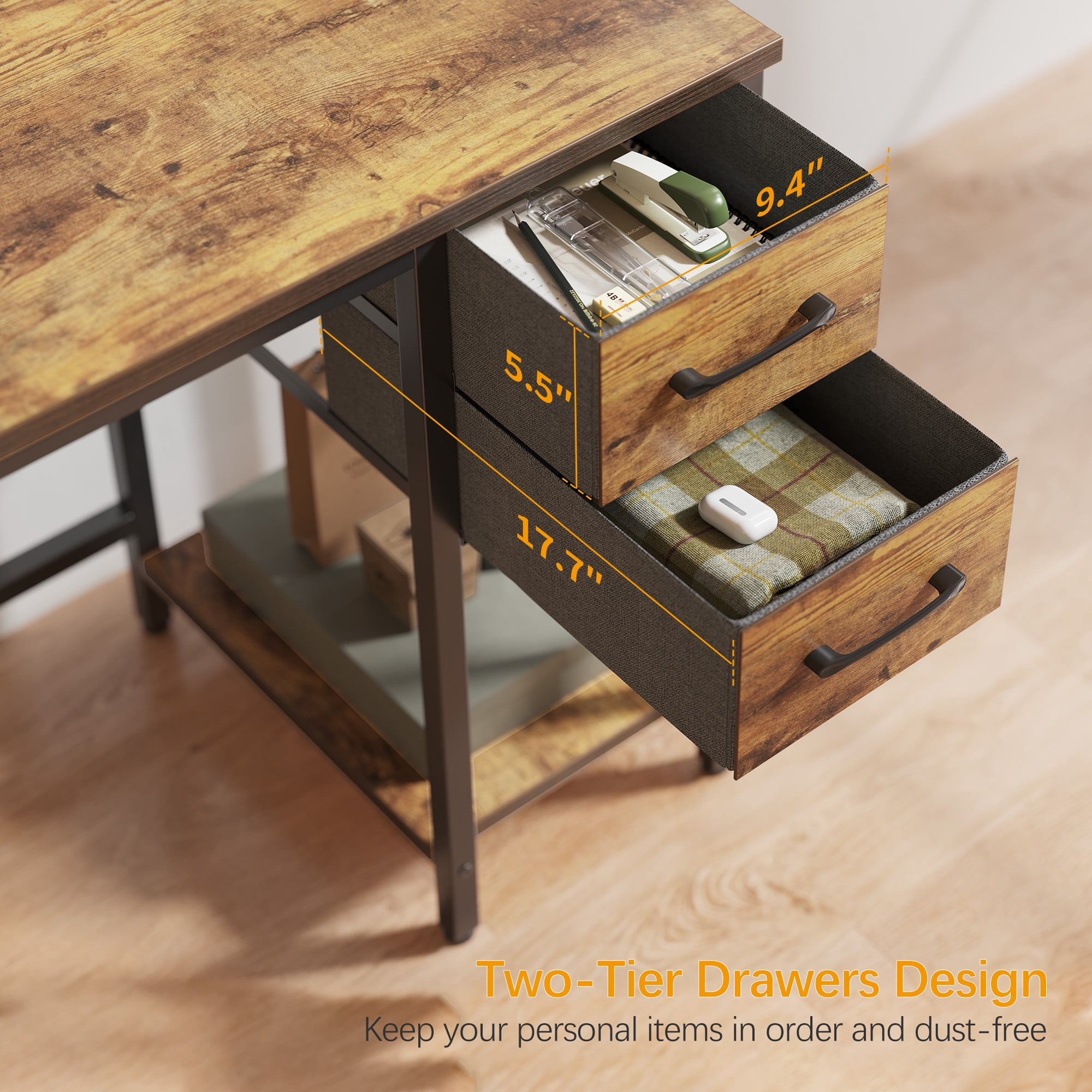DESINO Computer Desk with Drawers, 47 Inch Study Writing Table, Modern Simple Style PC Desk for Bedroom, Gaming, Rustic Brown