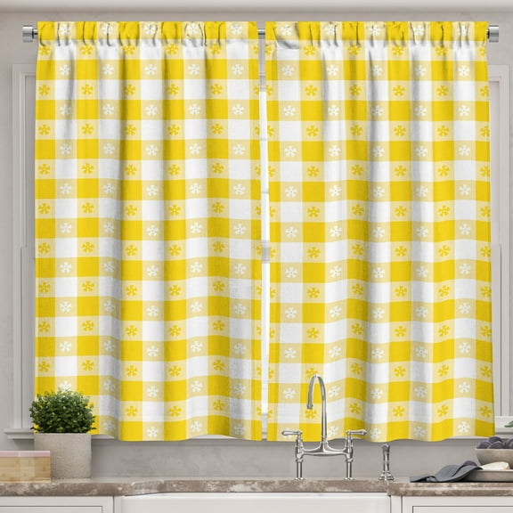 Ambesonne Yellow and White Kitchen Curtains, Country Picnic, 55"x39", Yellow White