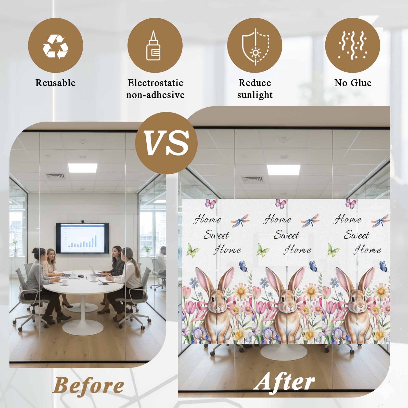 Sweet Home Window Privacy Film, Easter Bunny Spring Butterflies Flowers Country Leaf Frosted Glass Window Clings Static Cling UV Heat Blocking Reusable Door Sticker for Bathroom 23.6 x 59 Inch