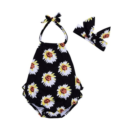 

Gwiyeopda Baby Girls Outfits Sleeveless Halter Neck Backless Sunflower Print Romper + Bow Headband 2PCS Set