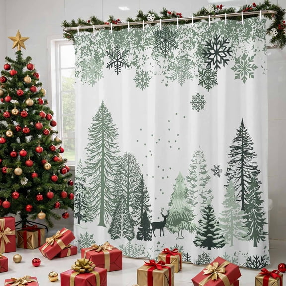 Sage Green Christmas Shower Curtains for Bathroom, Xmas Tree Snowflake Elk Winter Waterproof Fabric Shower Curtain, Decorative Bathroom Curtain for Bathtub, 36"x72", No Hooks Included