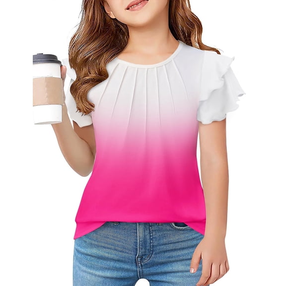 Arshiner Girls Shirt Girls Summer Short Sleeve Pleated Top Flutter Ruffle Sleeve T Shirt Crewneck Casual Fashion Blouse Top Gradient Pink 7-8 Years 130 JB43
