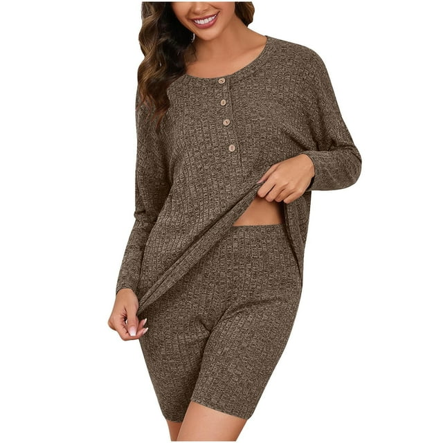 HUJlwoi 2 Piece Lounge Sets Ribbed Knitted Matching Outfits Button down Long Sleeve Tops Sleepwear Pj Sets Solid Color Sweatsuits Pajama Sets