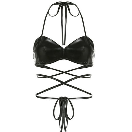 

OOKWE Womens Gothic Sexy Halter Strappy Bra Crop Top Deep V-Neck Backless Faux Leather Bralette Camisole Criss-Cross Lace-Up Bandeau Vest Clubwear