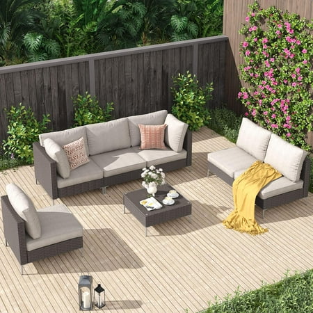 Vicllax 7 Piece Wicker Patio Furniture Set, Boho Outdoor Conversation Set Sectional Sofa, Gray