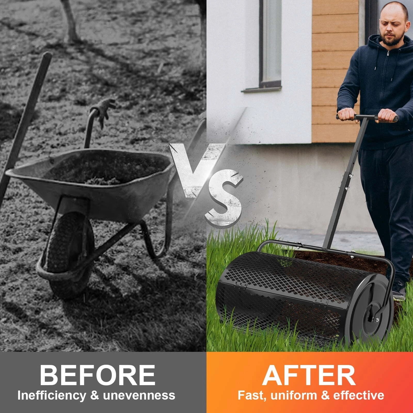 Makeatree 16 inch Compost Spreader and Peat Moss Spreader,  Lawn Roller Spreader with Height Adjustable T Shaped Handle, Steel Mesh Basket Garden for Spreading Manure Topsoil