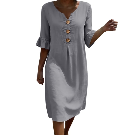 PRINxy Women's Notched V Neck Ruffle Cuff 3/4 Sleeve Button Pleated Midi Dress Cotton Linen Casual Dress for Summer Daily Wear Gray M