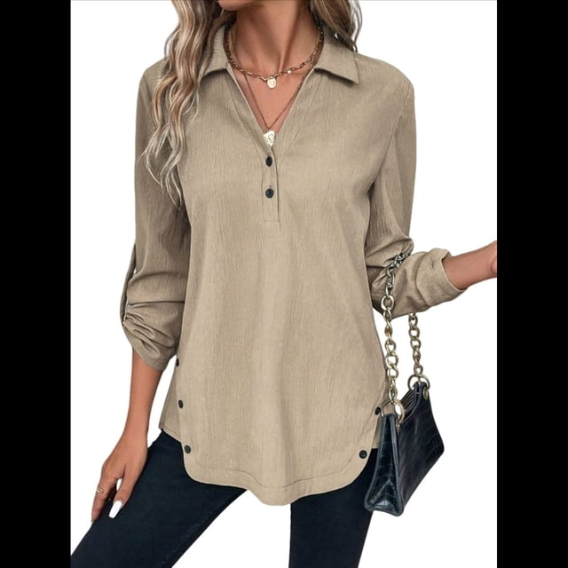 Blusas de Larga con Cuello en V y Botones para Mujer, Camisas Holgadas de Color Liso para y Otoño. Caqui XL