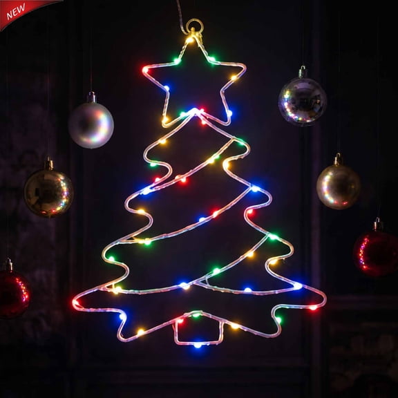 Christmas Tree Window Silhouette Light, Multicolor LED Iron Frame Hanging Christmas Light, Festive Hanging Ambient Lamp for Window Wall Indoor Home Holiday Party Decorations, Xmas Ornament Decor