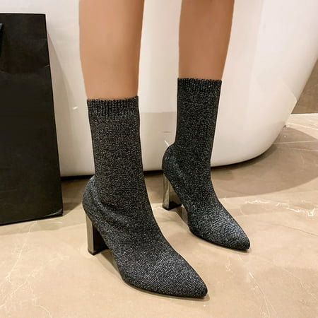 

ZMHEGW Boots For Women Ankle Autumn And Winter Stretch Knit Solid Color Comtable Simple Pointed Toe Square Heel Boots Shoes