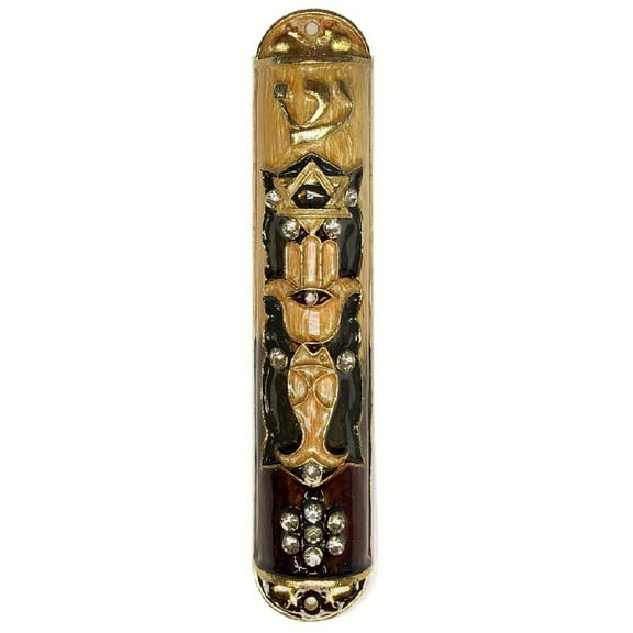 6.3" Brown Mezuzah Hamsa And Star Design Hand Painted Enamel