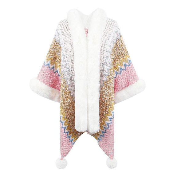 Lovskoo 2024 Women's Faux Fur Cardigan Sweater Elegant Boho Style Dolman Long Sleeve Knit Cape Tassel Shawl Open Front Outerwear Cloak Pink