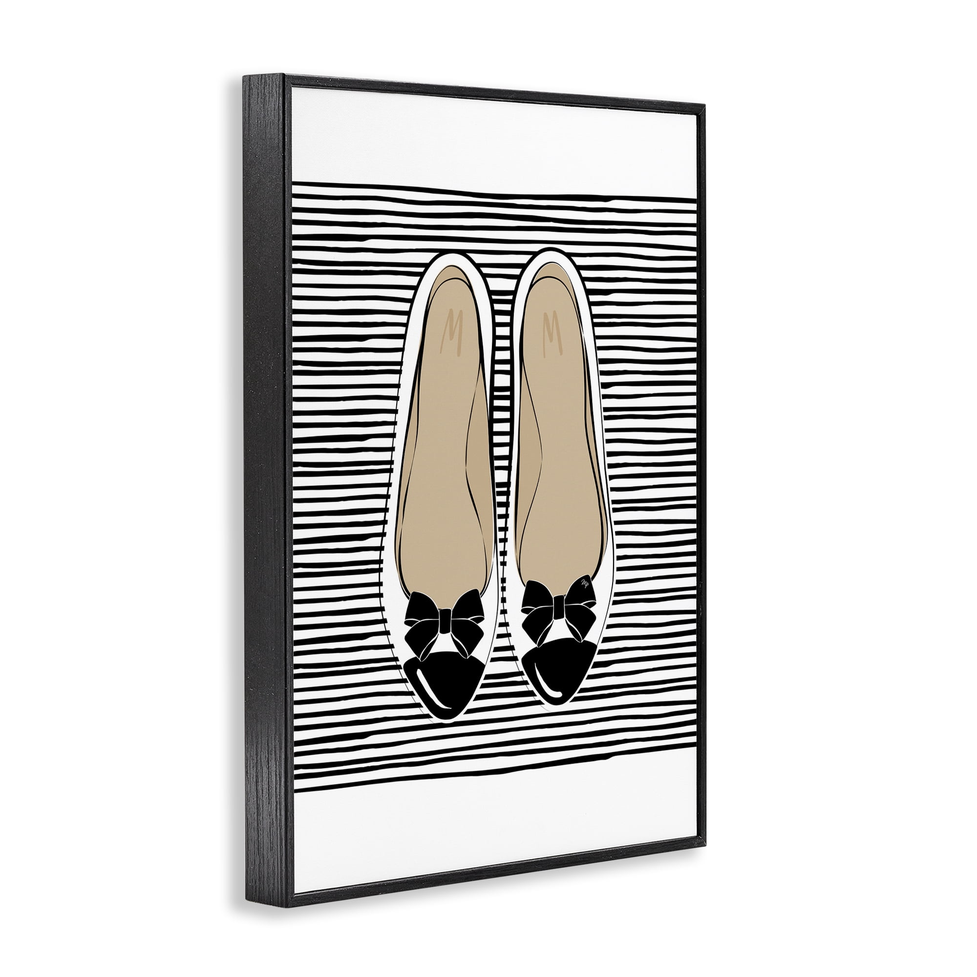Stupell Industries Bow Flats on Stripes Beauty & Fashion Painting Black Framed Art Print Wall Art, 12 x 18