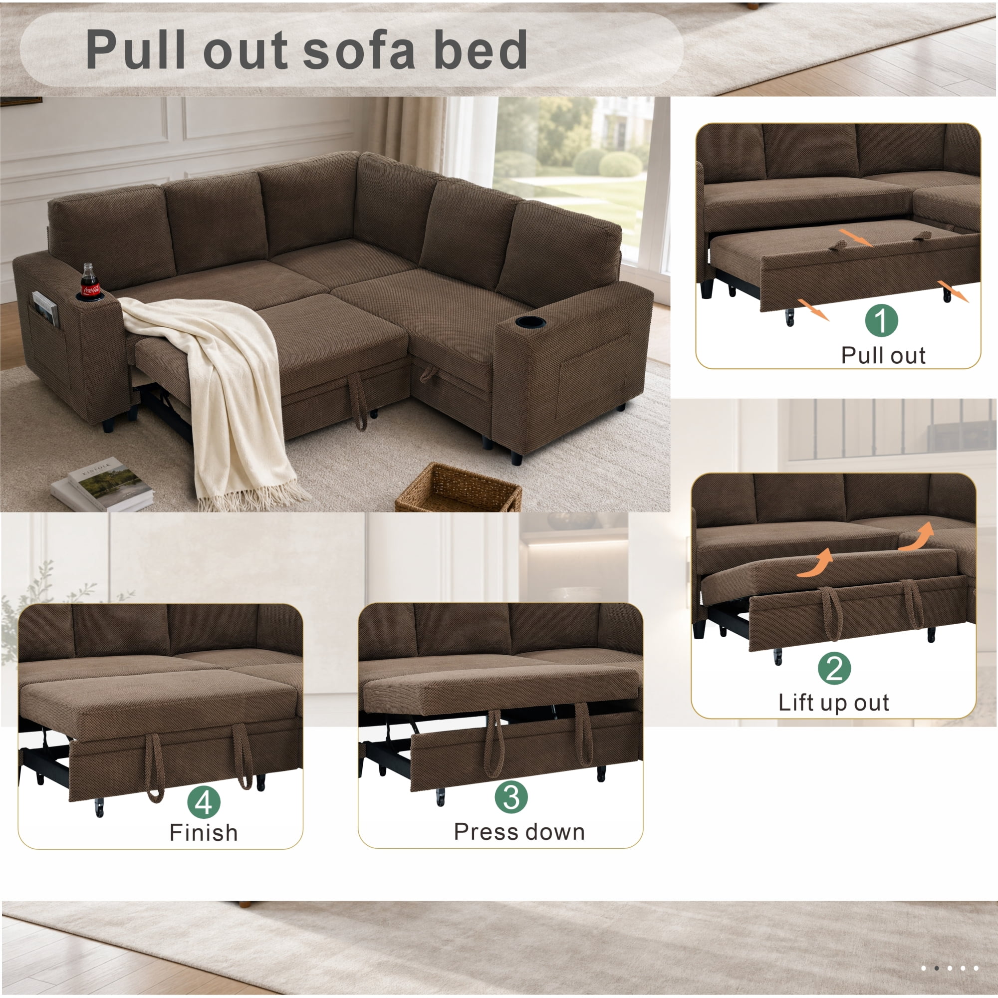 Leumius 76.5" Sectional Sleeper Sofa with Pull Out Bed,Storage Seat & Cup Holders,L-Shape Modern Upholstered Sofa Couch Convertible Corner Couch for Living Room,