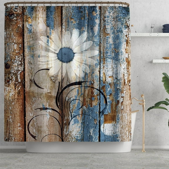 BSHAPPLUS® Rustic Farmhouse Daisy Shower Curtain, 72"x72" Distressed Wood Vintage Country Floral Shower Curtain, Waterproof Fabric with 12 Hooks, Blue Brown Cabin Bathroom Decor