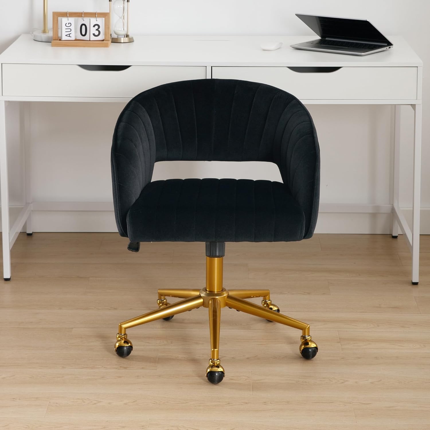 Westice Home Office Desk Chairs, Velvet Rolling Chair, Height Adjustable Swivel Vanity Chair, Ergonomic Chair for Study, Living Room Computer Room, Black
