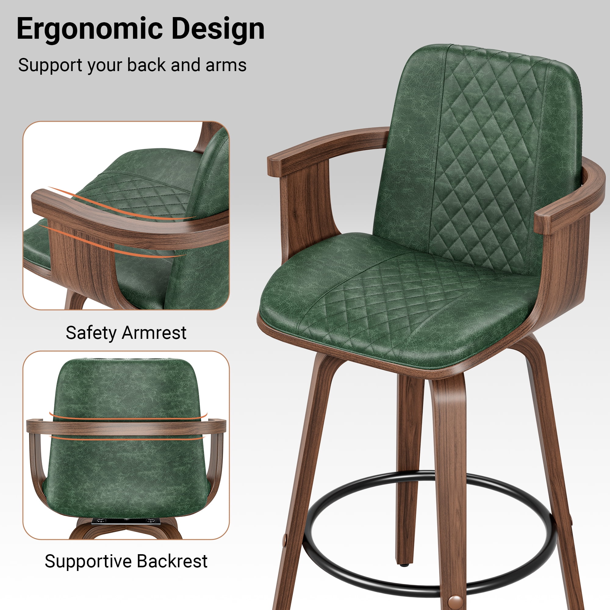 LainTene Bar Stools Set of 3, 26" Bentwood Barstools with Arms High Back, Mid-Century Modern Counter Height Swivel Bar Chairs for Kitchen Island