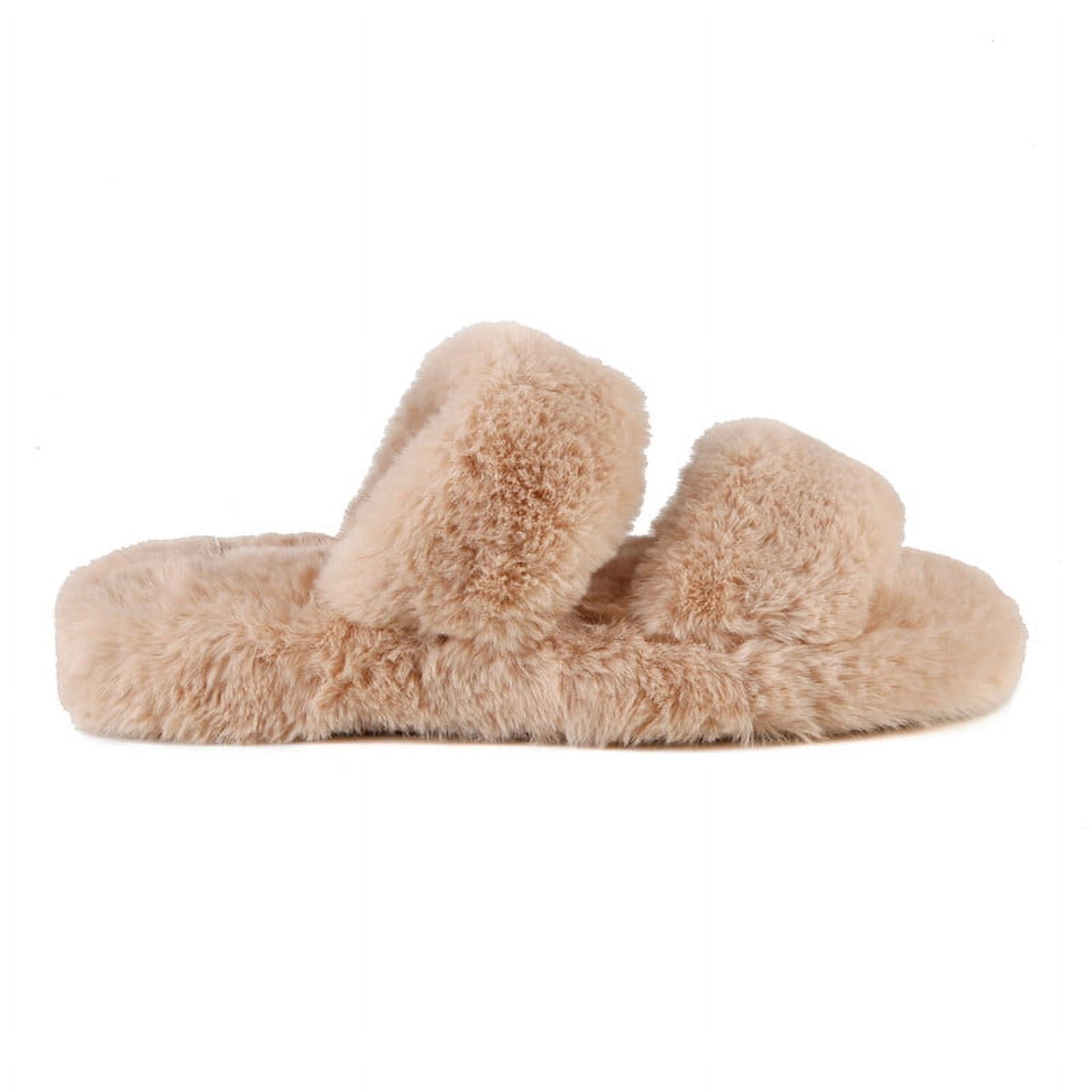 Furry double strap women's slide on sandals